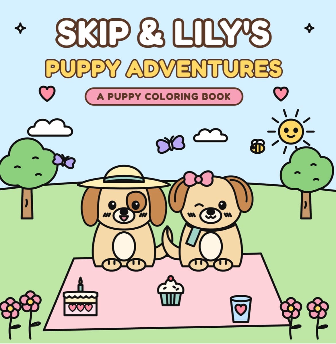 Cover of Skip & Lily's Puppy Adventures: two puppies, one in a straw hat and one with a pink bow, sitting on a picnic blanket in a sunny park