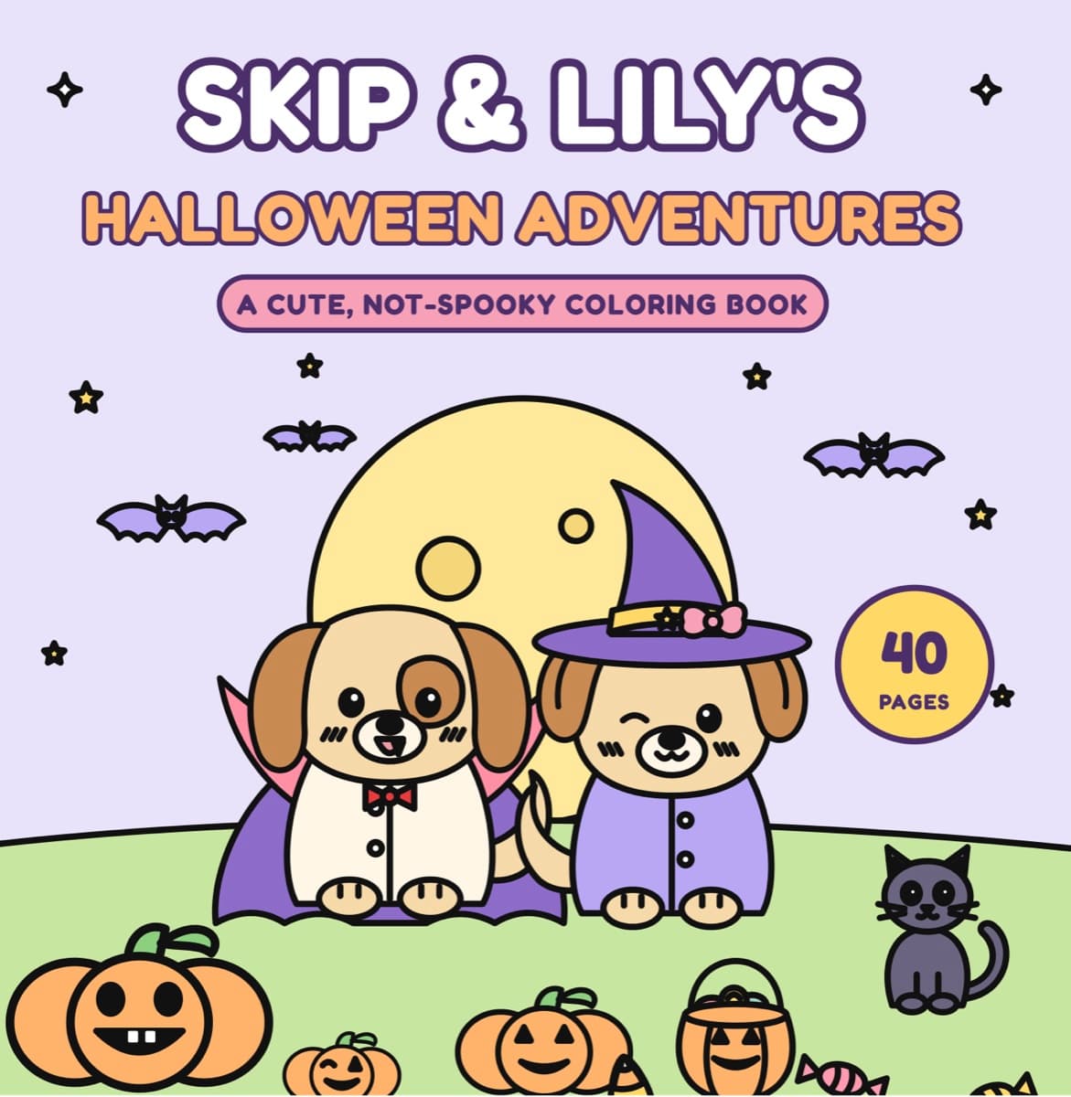 Cover of Skip & Lily's Halloween Adventures: a puppy dressed as a little vampire and a puppy in a witch hat sitting under a big moon, with jack-o'-lanterns and a black cat