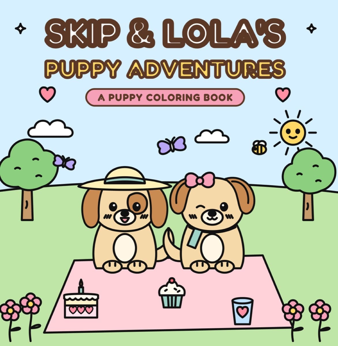 Cover of Skip & Lola's Puppy Adventures: two puppies, one in a straw hat and one with a pink bow, sitting on a picnic blanket in a sunny park