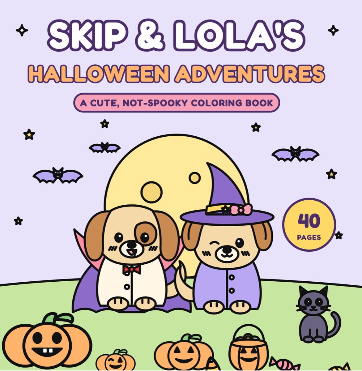 Cover of Skip & Lola's Halloween Adventures: a puppy dressed as a little vampire and a puppy in a witch hat sitting under a big moon, with jack-o'-lanterns and a black cat